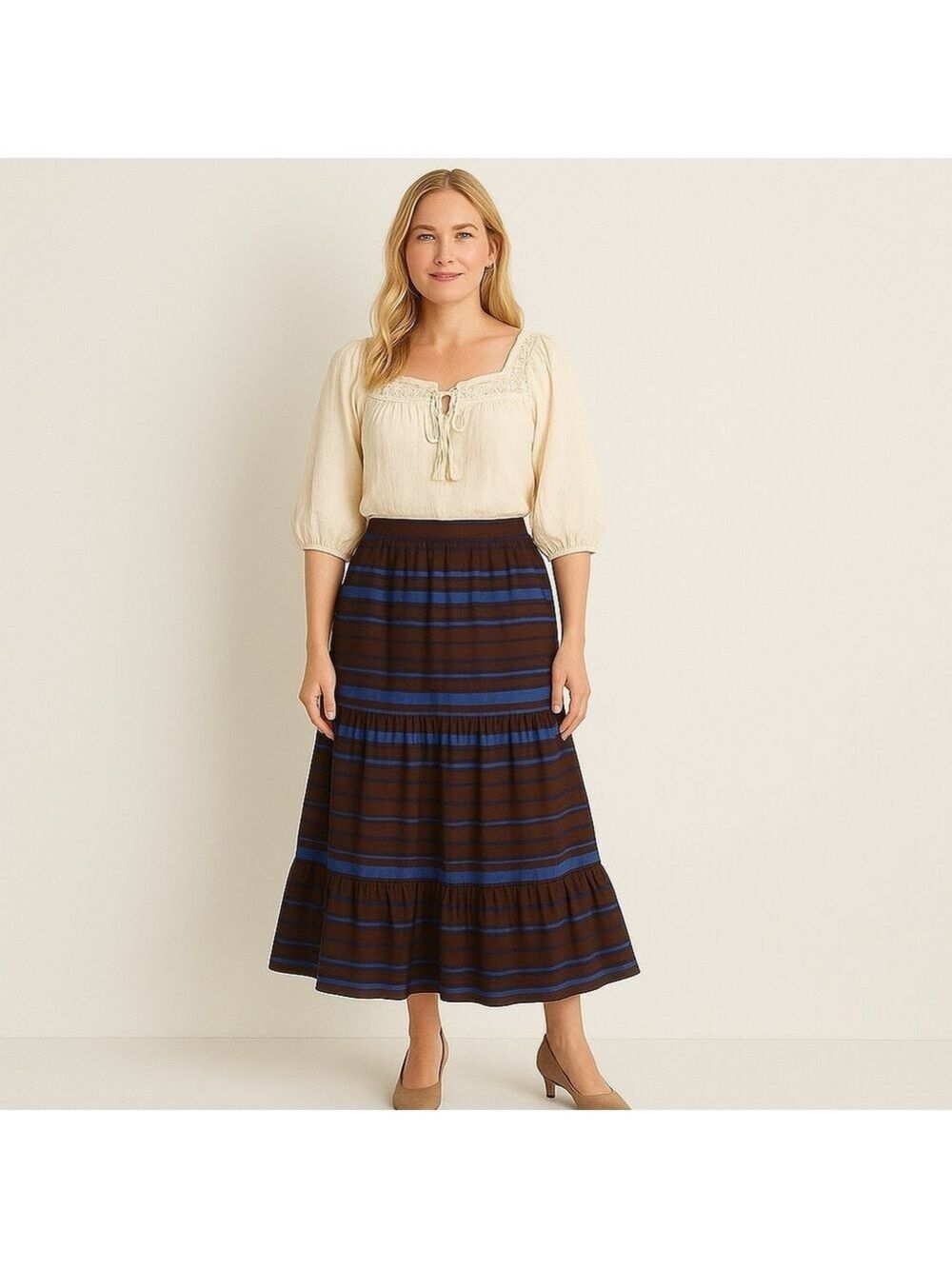 Banana Republic Boho Striped Midi Skirt Brown Blue Tiered Ruffle Flowy
Large